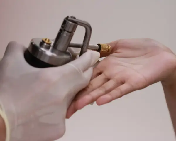 Application d'azote liquide sur une verrue pour un traitement par cryothérapie.