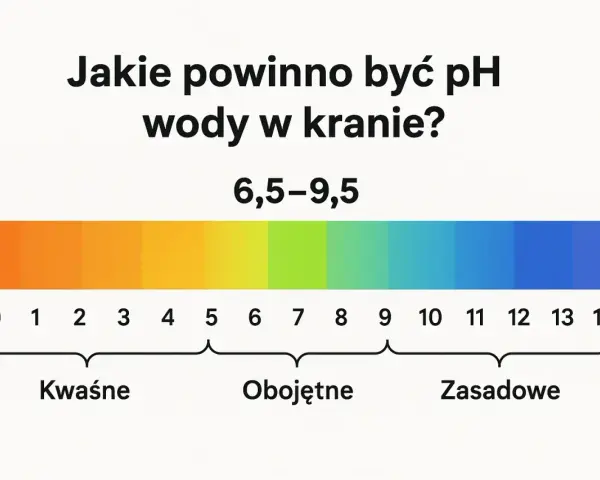 Skala pH wody w kranie: 6,5-9,5. Wykres pokazuje zakresy kwaśne, obojętne i zasadowe.