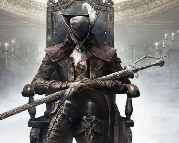 Figura sombría con espada en mano, sentada en un trono, evocando la atmósfera de Bloodborne para PC.