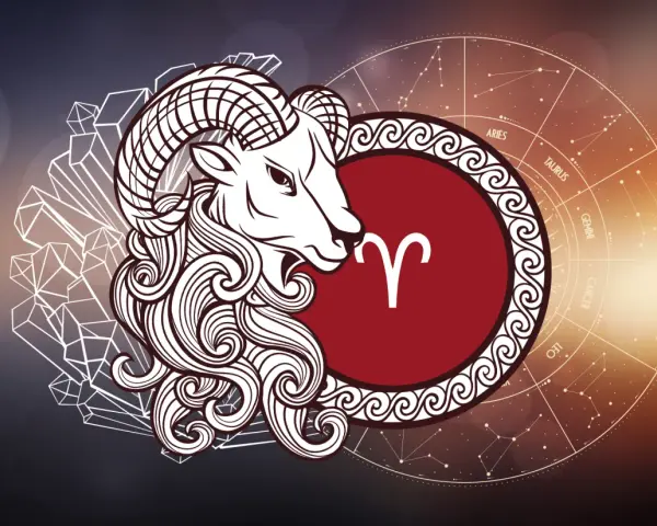 Symbol Barana, 12 kwiecień znak zodiaku, na tle koła zodiaku i kryształów.