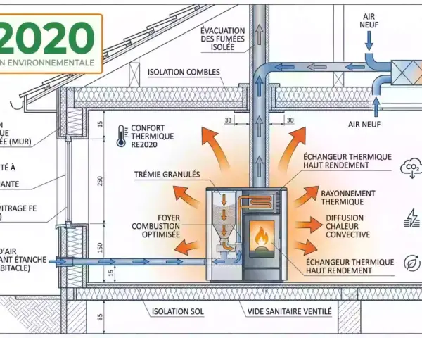 Schéma illustrant la **réglementation poêle à bois** RE2020 : isolation renforcée, étanchéité, VMC double flux avec récupération d'énergie pour un confort thermique optimal.