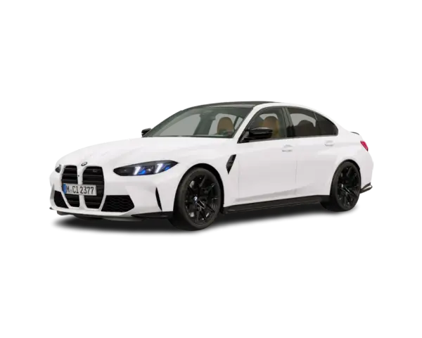 Białe, nowe BMW M3 z czarnymi felgami i przyciemnianymi szybami, prezentujące sportowy design.