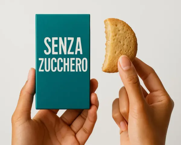 Mani che tengono una scatola con scritto "SENZA ZUCCHERO" e un biscotto senza zucchero.