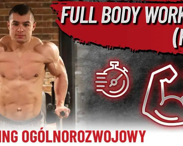Mężczyzna wykonuje pompki na poręczach. Grafika sugeruje trening całego ciała (FBW) z ikonami stopera i bicepsa.