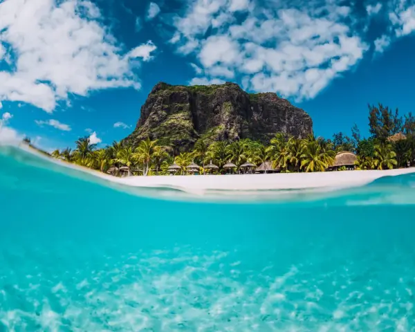 Rajska plaża z palmami i górą Le Morne. Idealne miejsce na wycieczki fakultatywne na Mauritiusie.