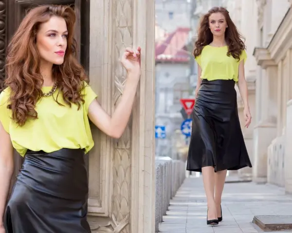 Elegancka stylizacja: co ubrac do czarnej satynowej spodnicy? Modelka w limonkowym topie i czarnej spódnicy z ekoskóry.