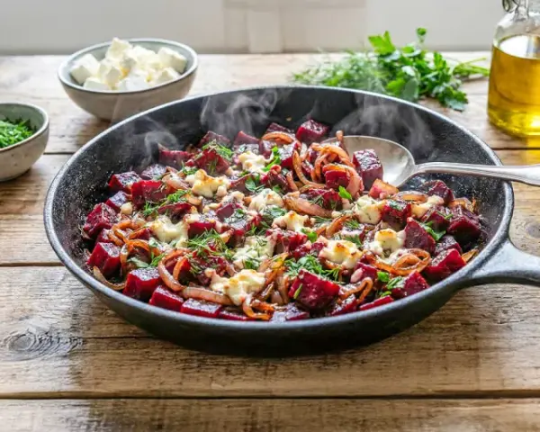 Heißer Bratpfanne mit Rote Bete, Zwiebeln und Feta – ein köstliches Gericht, das Lust auf mehr rote Bete Rezepte macht.