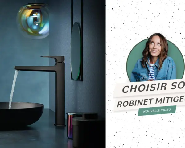 Vidéo expliquant comment fonctionne un mitigeur. Une femme souriante et un robinet moderne dans une salle de bain.