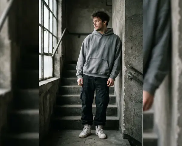 Giovane uomo con felpa oversize e pantaloni cargo scuri appoggiato a un muro di cemento, con scale e finestra sullo sfondo.