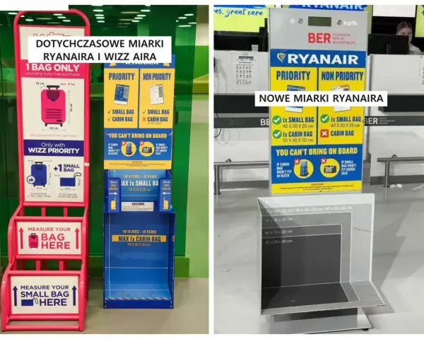Porównanie rozmiarów bagażu podręcznego Ryanair i Wizz Air. Nowe miarki pokazują, że większy bagaż podręczny Ryanair o 2 cm może nie zmieścić się w starszych wymiarach.