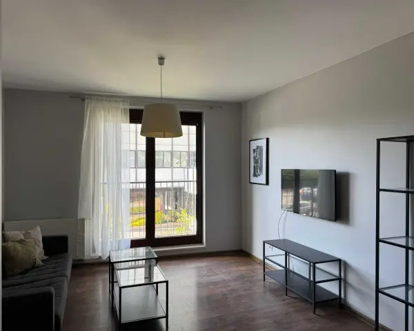 Nowoczesny salon z szarą kanapą, szklanymi stolikami i telewizorem. Widok z okna na zielony dziedziniec, idealne miejsce na relaks w śródmieście Wrocław.