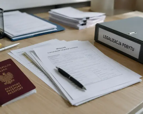 Dokumenty do legalizacji pobytu: polski paszport, wniosek o zezwolenie na pobyt czasowy, długopis i segregator.