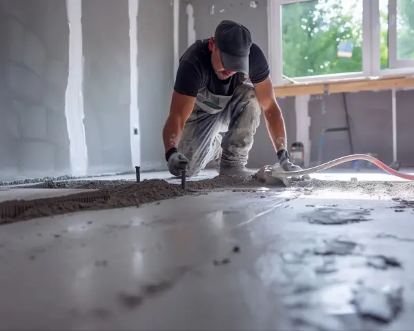 Budowlaniec wylewa betonową wylewkę, wyrównując ją ręcznie.