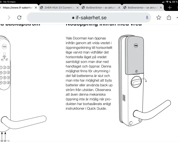 Illustration av Yale Doorman. Beskriver hur man öppnar dörren inifrån vid strömavbrott, och hur man kan byta batteri.