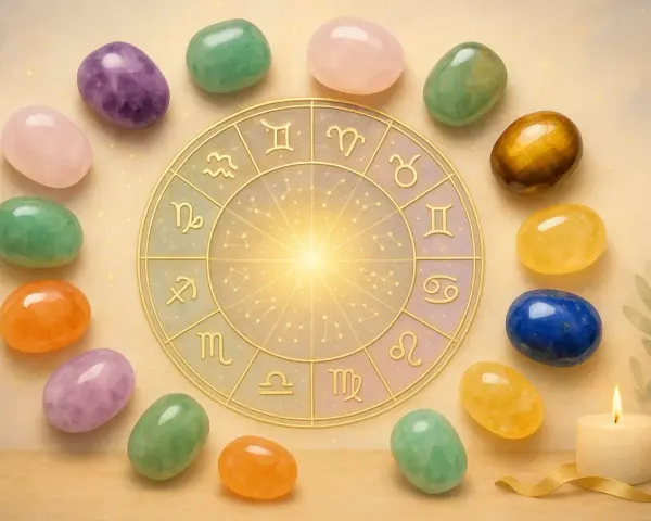 Cerchio zodiacale dorato circondato da pietre colorate, ognuna una pietra segno zodiacale, con una candela accesa.