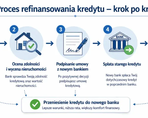 Proces przeniesienia kredytu hipotecznego: złożenie wniosku, ocena zdolności, podpisanie umowy, spłata starego kredytu i zobowiązania w nowym banku.