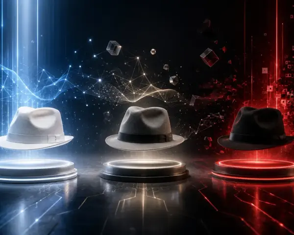 Drei Hüte (weiß, grau, schwarz) schweben über Podesten, umgeben von digitalen Netzwerken und Würfeln. Symbolisiert die verschiedenen Strategien im **white hat seo**.