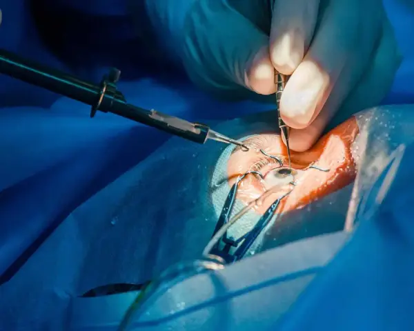 Dettaglio di un intervento glaucoma con tubicino, mani guantate usano strumenti chirurgici sull'occhio.