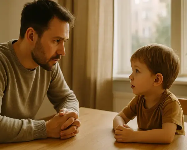 Ojciec poważnie rozmawia z synem przy stole. Chłopiec słucha uważnie, zastanawiając się, co to jest kłamstwo.