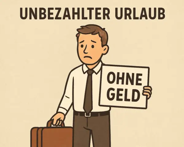 Trauriger Mann mit Koffer und Schild "OHNE GELD". Der Text darüber lautet "UNBEZAHLTER URLAUB". Er symbolisiert das Recht auf unbezahlten Urlaub, der aber ohne Geld nicht genossen werden kann.