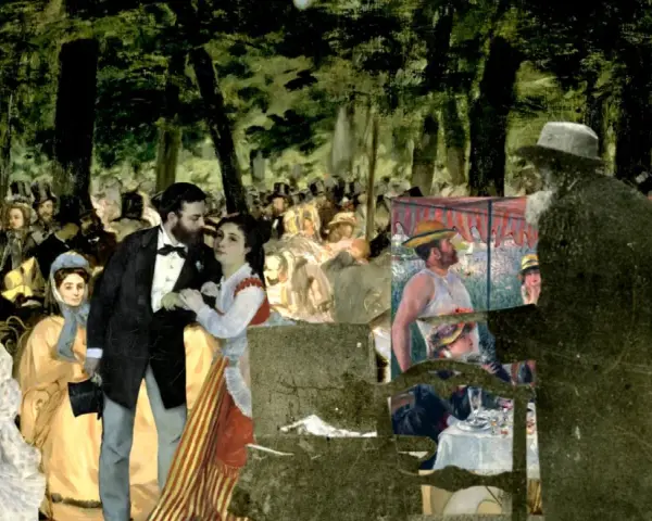 Collage d'œuvres impressionnistes, dont une scène de danse et des convives, évoquant une analyse du Bal du Moulin de la Galette.