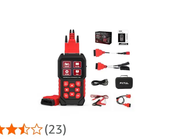 Strumento diagnostico moto per test regolatore di tensione, con cavi e accessori inclusi.