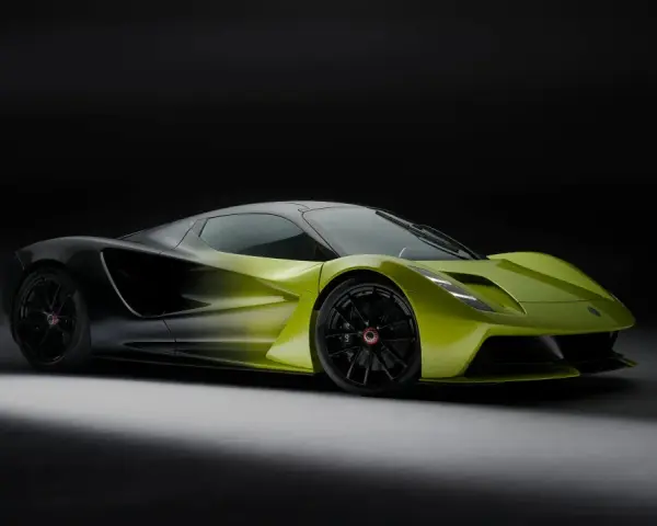 Limitowana seria Lotus Evija w jaskrawej zieleni i czerni, z aerodynamicznymi liniami, gotowa do podboju toru.