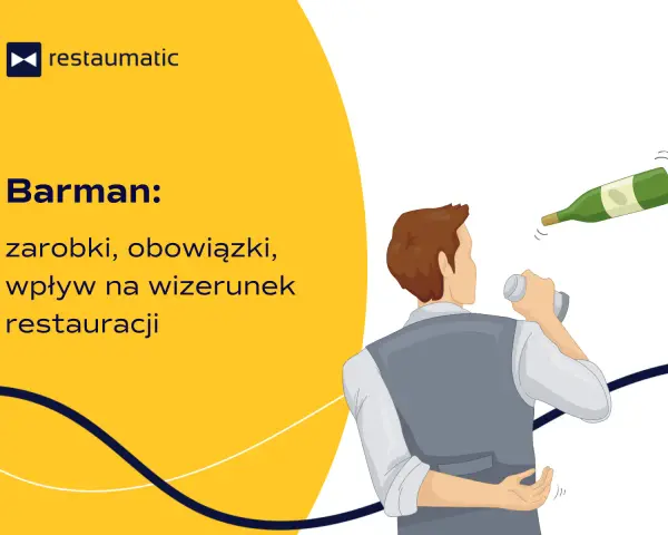 Ilustracja barmana przygotowującego drinki z butelką w tle.