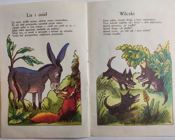 Ilustracje do bajek Krasickiego: lis i osioł, oraz trzy kłócące się wilczki.