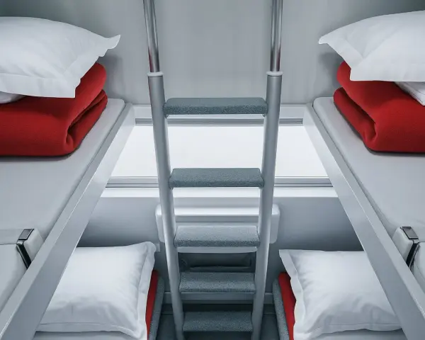 Wnętrze wagonu sypialnego z dwoma kuszetkami. Czerwone koce i białe poduszki czekają na podróżnych.
