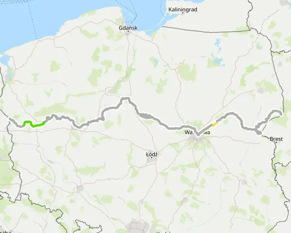 Mapa trasy rowerowej EuroVelo Polska, biegnącej przez Gdańsk, Warszawę i Łódź.
