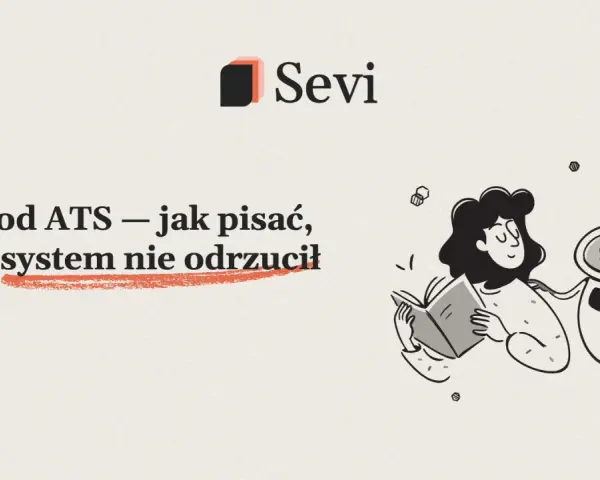 CV pod ATS – jak pisać, żeby system nie odrzucił. Ilustracja z robotem i kobietą czytającą książkę.