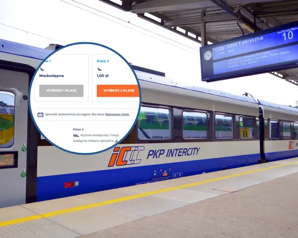 Pociąg PKP Intercity na peronie, z widocznym panelem wyboru klasy biletu (1 zł za klasę 2).