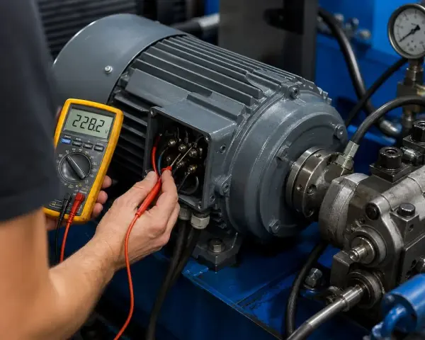 Elektryk sprawdza silnik do łuparki za pomocą multimetru. Urządzenie pokazuje 228.2V.