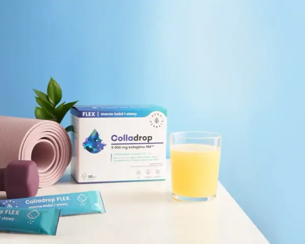Aktywny senior z Colladrop FLEX: mata do ćwiczeń, hantle, napój i suplementy dla mocnych kości i stawów.