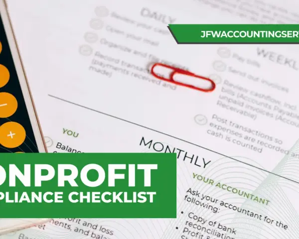 A calculator and a checklist for nonprofit compliance, featuring daily, weekly, and monthly tasks.
