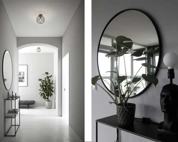 Snygg spegel hall inspiration med en stor rund spegel, en Monstera-växt och en unik lampa.