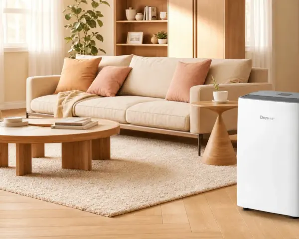 Un deumidificatore bianco Deye in un soggiorno moderno, ideale per capire come impostare il deumidificatore in estate e mantenere l'aria fresca.
