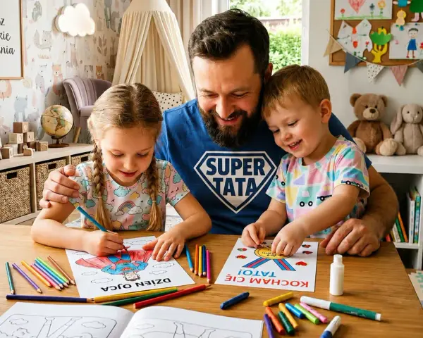 Tata w koszulce "Super Tata" z córką i synem maluje obrazki na Dzień Ojca.