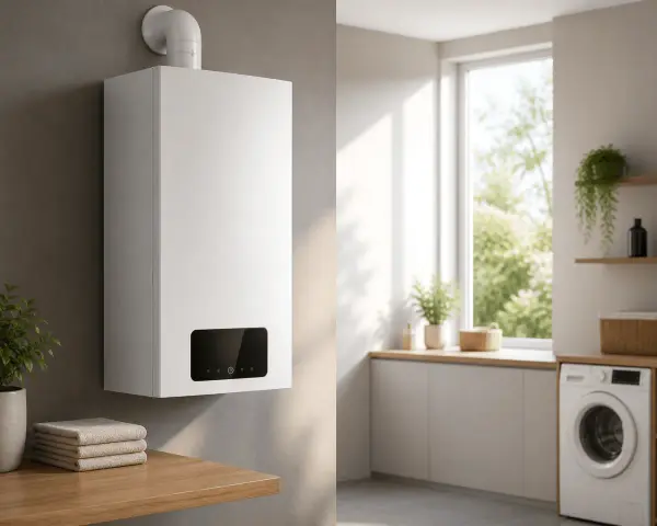 Caldaia a condensazione o tradizionale, bianca, montata a parete in un ambiente moderno con lavatrice e finestra luminosa.