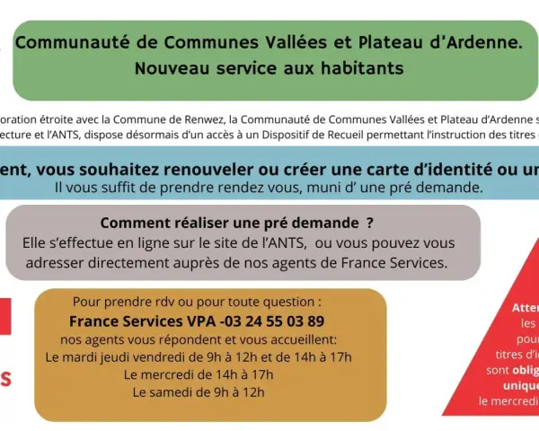 Communauté de Communes Vallées et Plateau d'Ardenne : nouveau service pour vos titres d'identité. Prise de RDV obligatoire le mercredi après-midi. État civil 08.