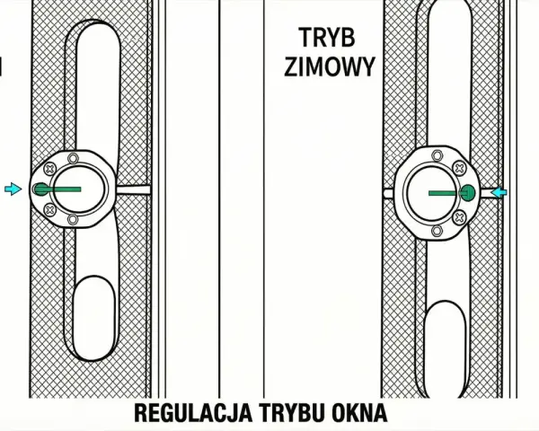 Ilustracja pokazuje, jak regulować okna plastikowe. Po lewej "tryb letni", po prawej "tryb zimowy".
