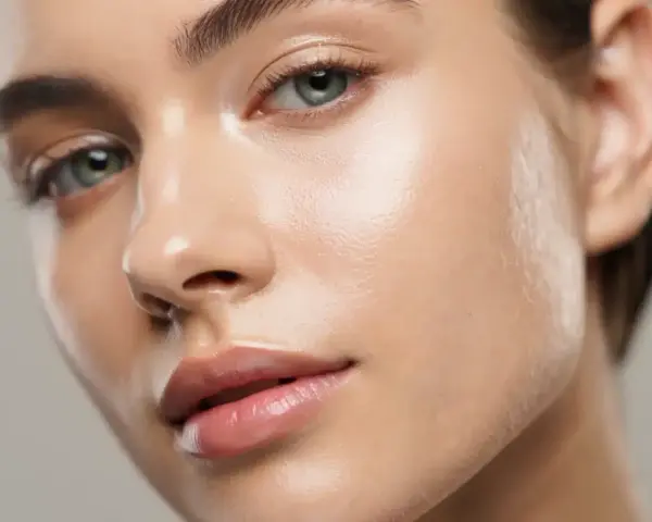 Visage d'une femme avec une peau lumineuse et hydratée, un exemple de comment avoir une peau lisse sans imperfection.