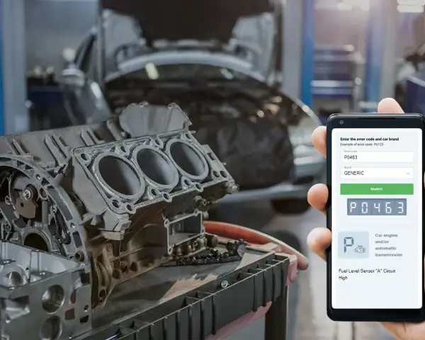 A hand holds a phone displaying the error code P0463, indicating a "Fuel Level Sensor 'A' Circuit High" issue, next to a car engine in a workshop.
