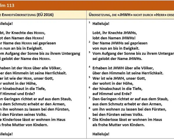 Zwei Bibelübersetzungen von Psalm 113. Die Bedeutung von "Halleluja" wird durch Lobpreis des Herrn und JHWHs verdeutlicht.