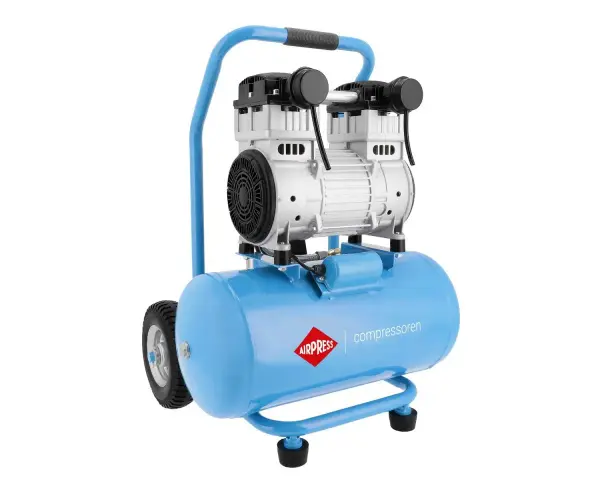 Niebieski kompresor z uchwytem i kółkami. Logo AIRPRESS i napis "compressoren" sugerują, że to firma produkująca sprężarki.