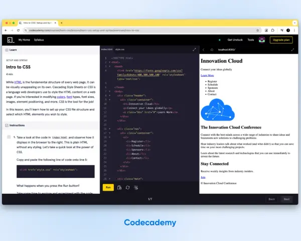 Aprende qué es CSS y cómo estiliza el contenido web. El código muestra un ejemplo de HTML y la línea para enlazar un archivo CSS.