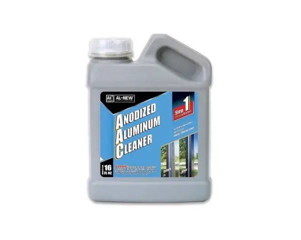 A bottle of AL-NEW Anodized Aluminum Cleaner, showing how to clean aluminum to restore its shine.