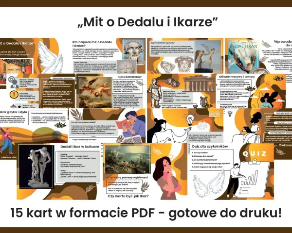Grafika przedstawia materiał edukacyjny "Mit o Dedalu i Ikare", zawierający tekst, ilustracje i quiz.