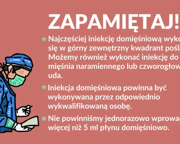 Lekarz w niebieskim fartuchu i masce przygotowuje zastrzyk w pośladek. Pamiętaj o prawidłowym miejscu podania!